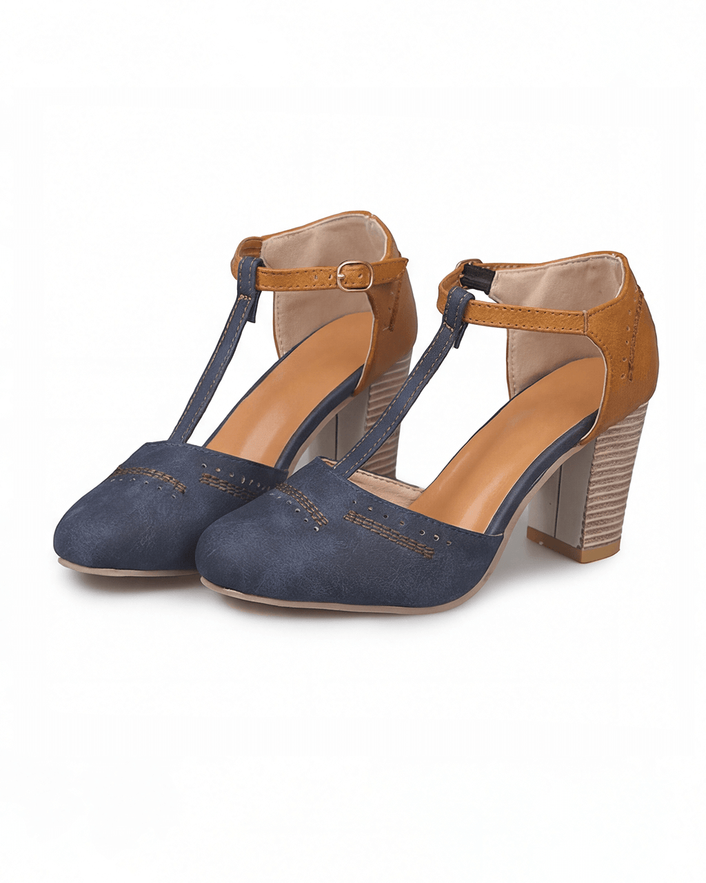Women’s Two-Tone T-Strap Block Heel Pumps