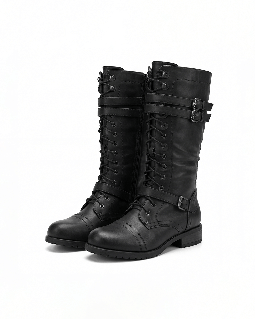 Women’s Knee-High Lace-Up Combat Boots with Buckles