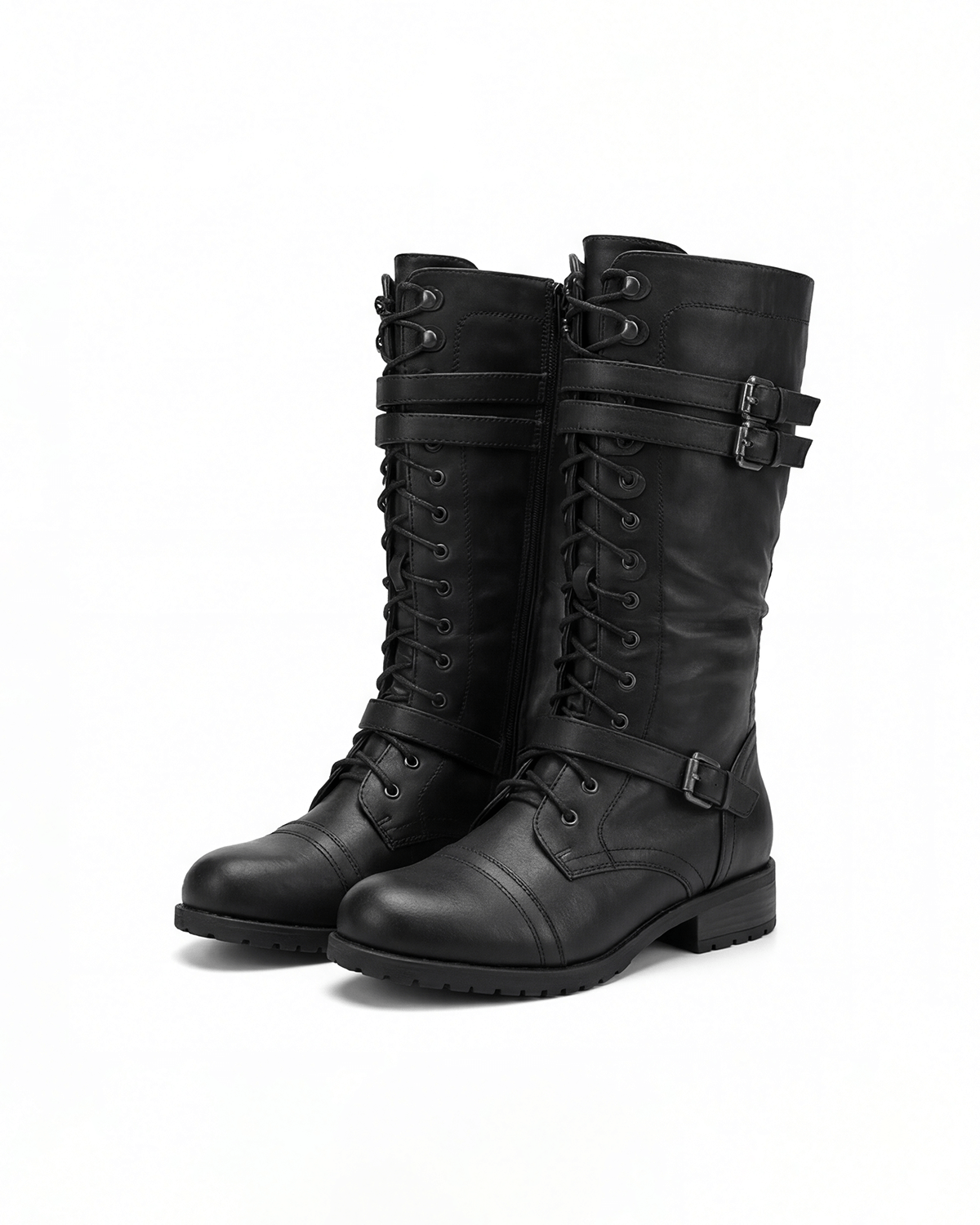 Women’s Knee-High Lace-Up Combat Boots with Buckles