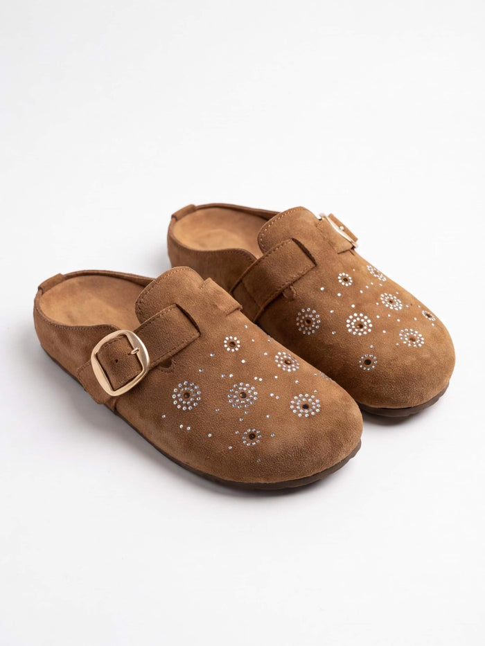 Women’s Embellished Buckle-Strap Flat Clogs