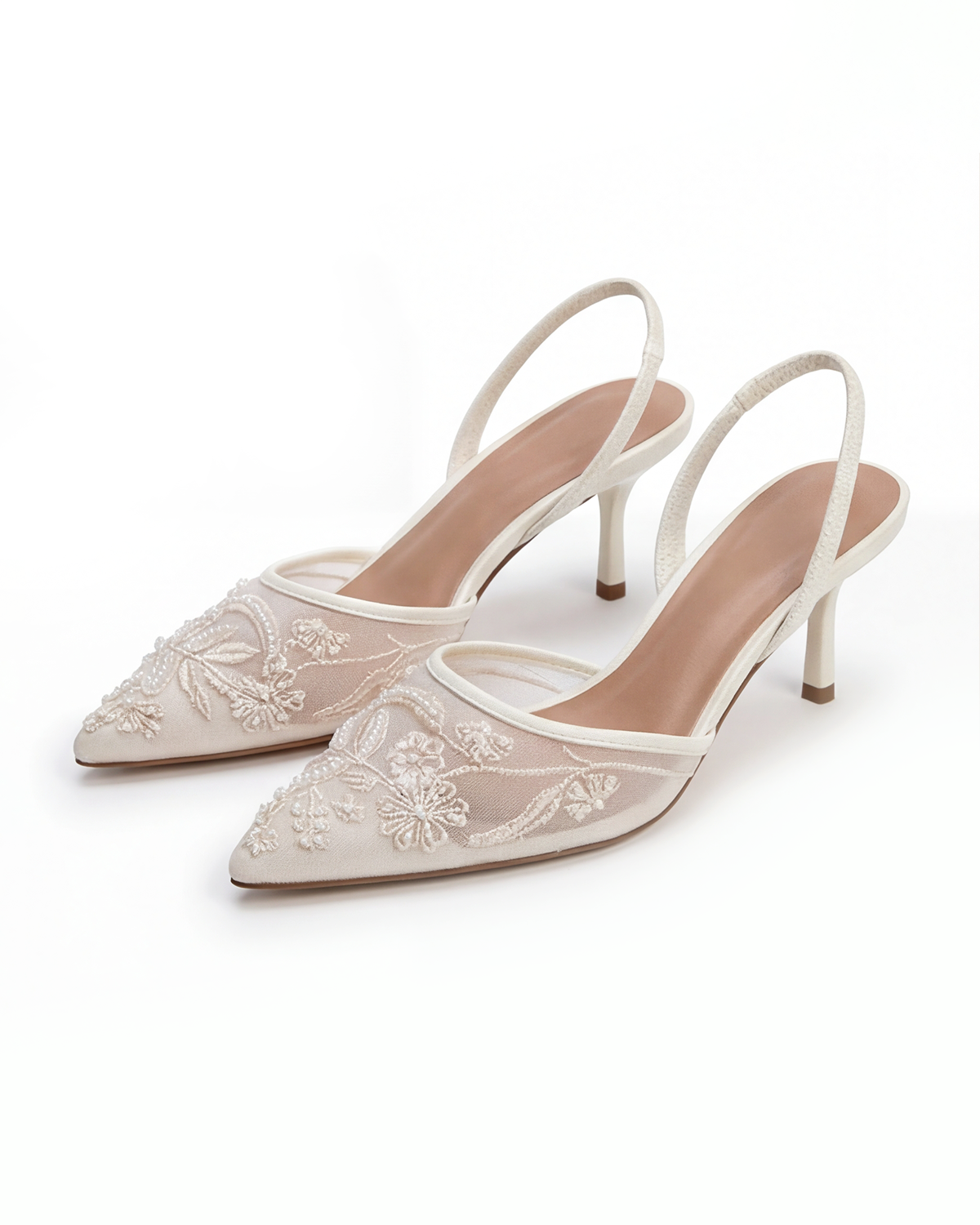Women’s Ivory Embroidered Slingback Kitten Heels