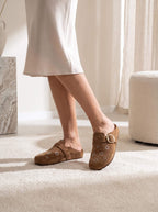 Women’s Embellished Buckle-Strap Flat Clogs