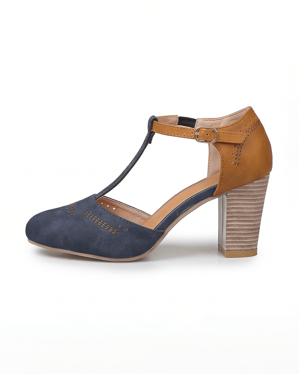Women’s Two-Tone T-Strap Block Heel Pumps