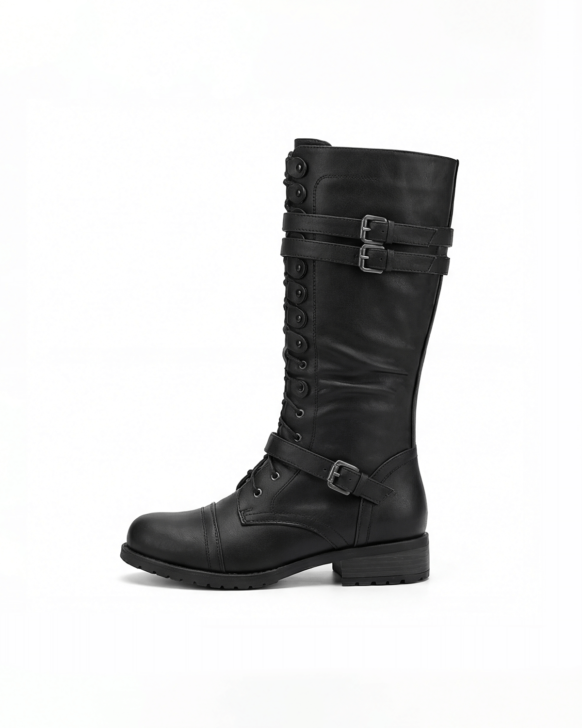 Women’s Knee-High Lace-Up Combat Boots with Buckles