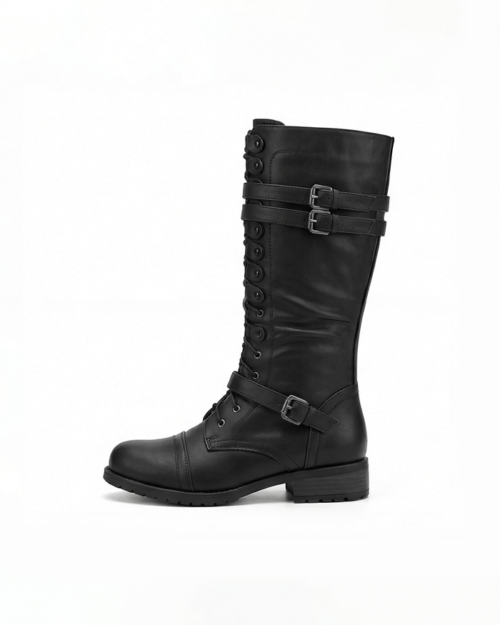Women’s Knee-High Lace-Up Combat Boots with Buckles