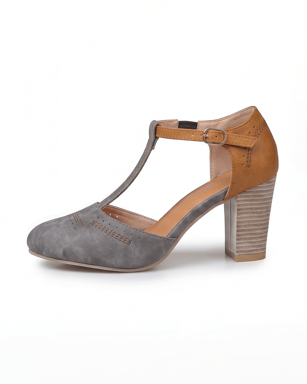 Women’s Two-Tone T-Strap Block Heel Pumps