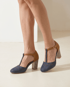 Women’s Two-Tone T-Strap Block Heel Pumps