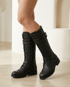 Women’s Knee-High Lace-Up Combat Boots with Buckles