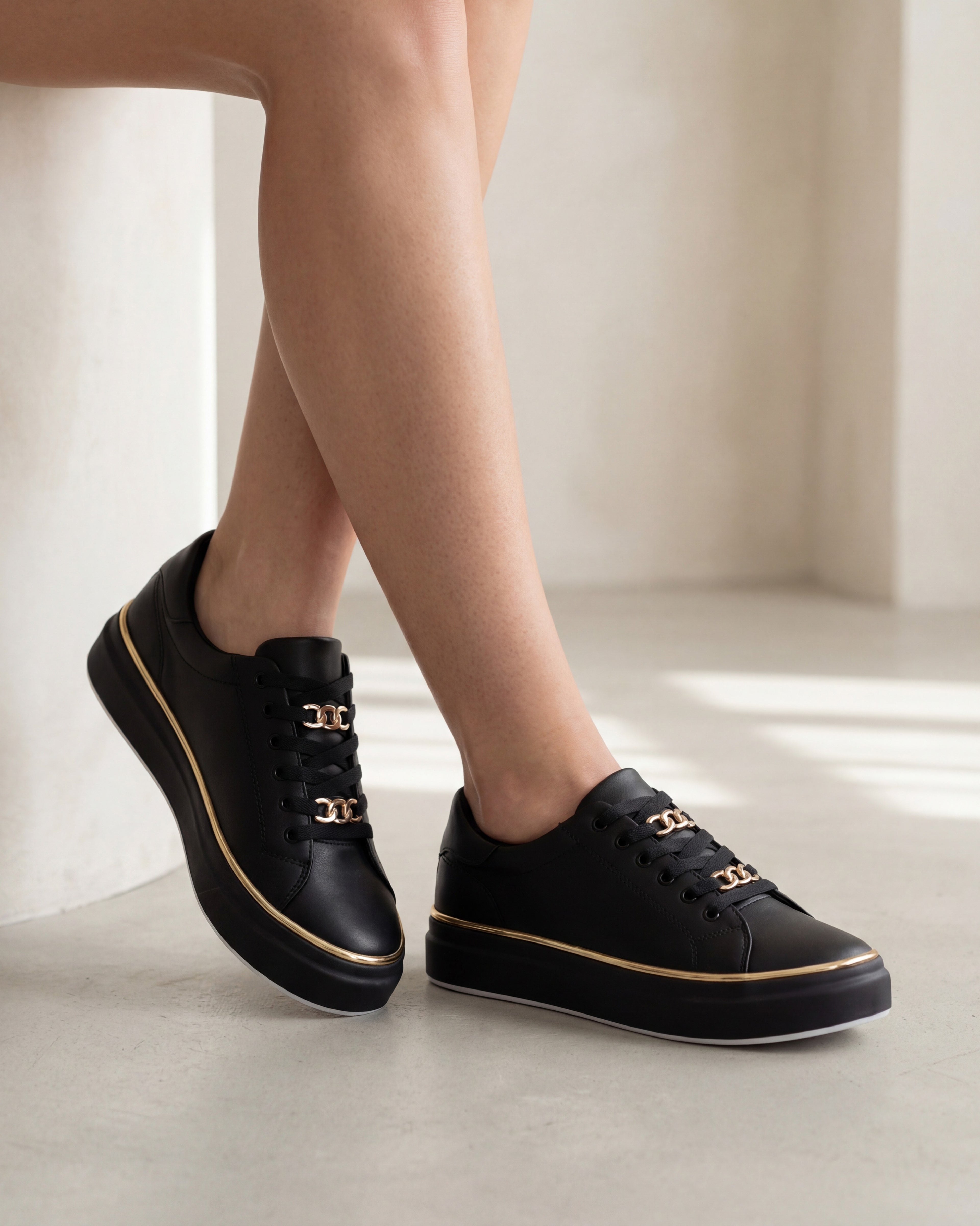 Women’s Platform Lace-Up Sneakers with Gold Chain Detail